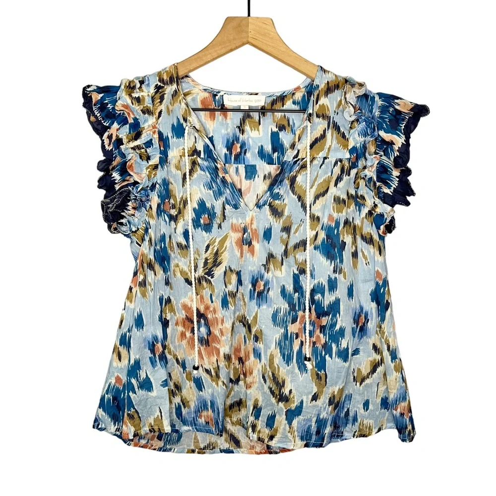 House of Harlow Abstract Floral Printed Short Sleeve Ruffle Zoey Top in Blue S - Picture 1 of 5